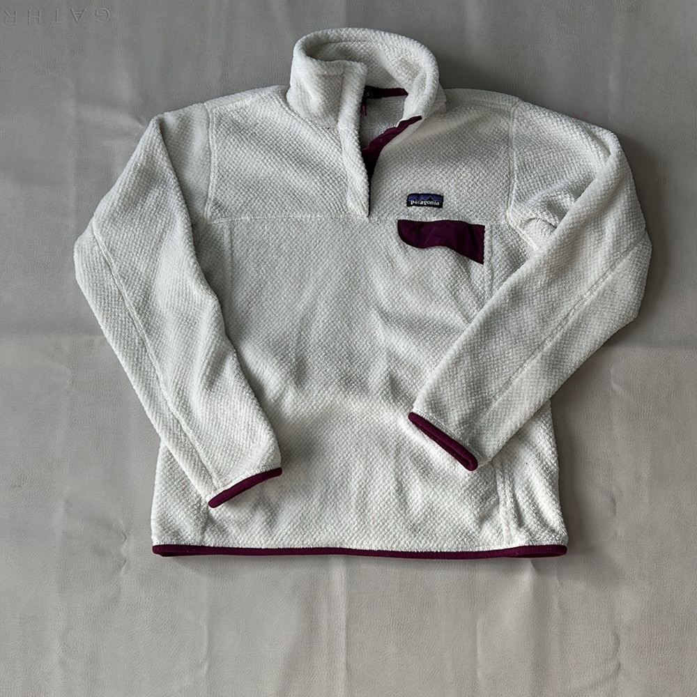 White & Purple Patagonia Synchilla Fleece, Size Medium.